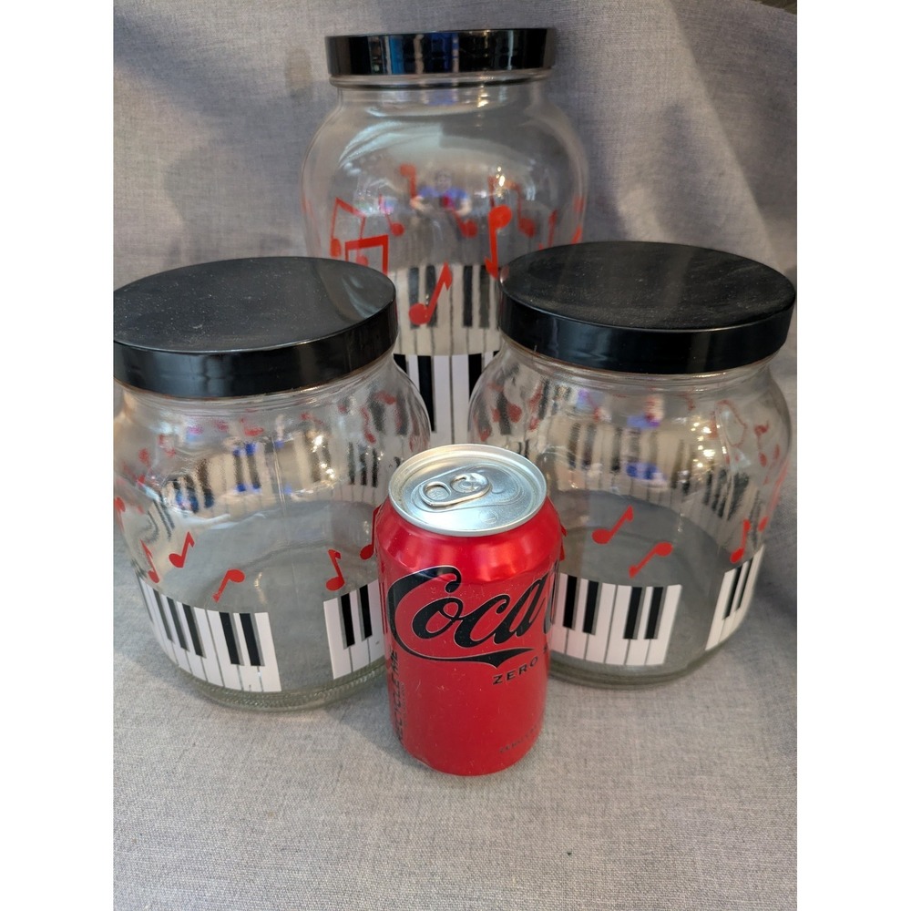 Lot of 3 Ball Glass Canister Container Screw Lid Musical Note Piano Theme